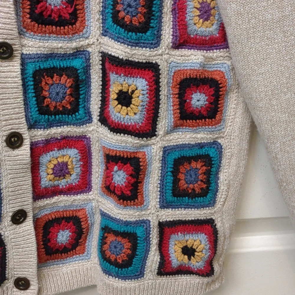 Alfred Dunner Vintage Crochet Granny Square Beige Ramie Cotton Knit Cardigan PXL - Picture 11 of 16